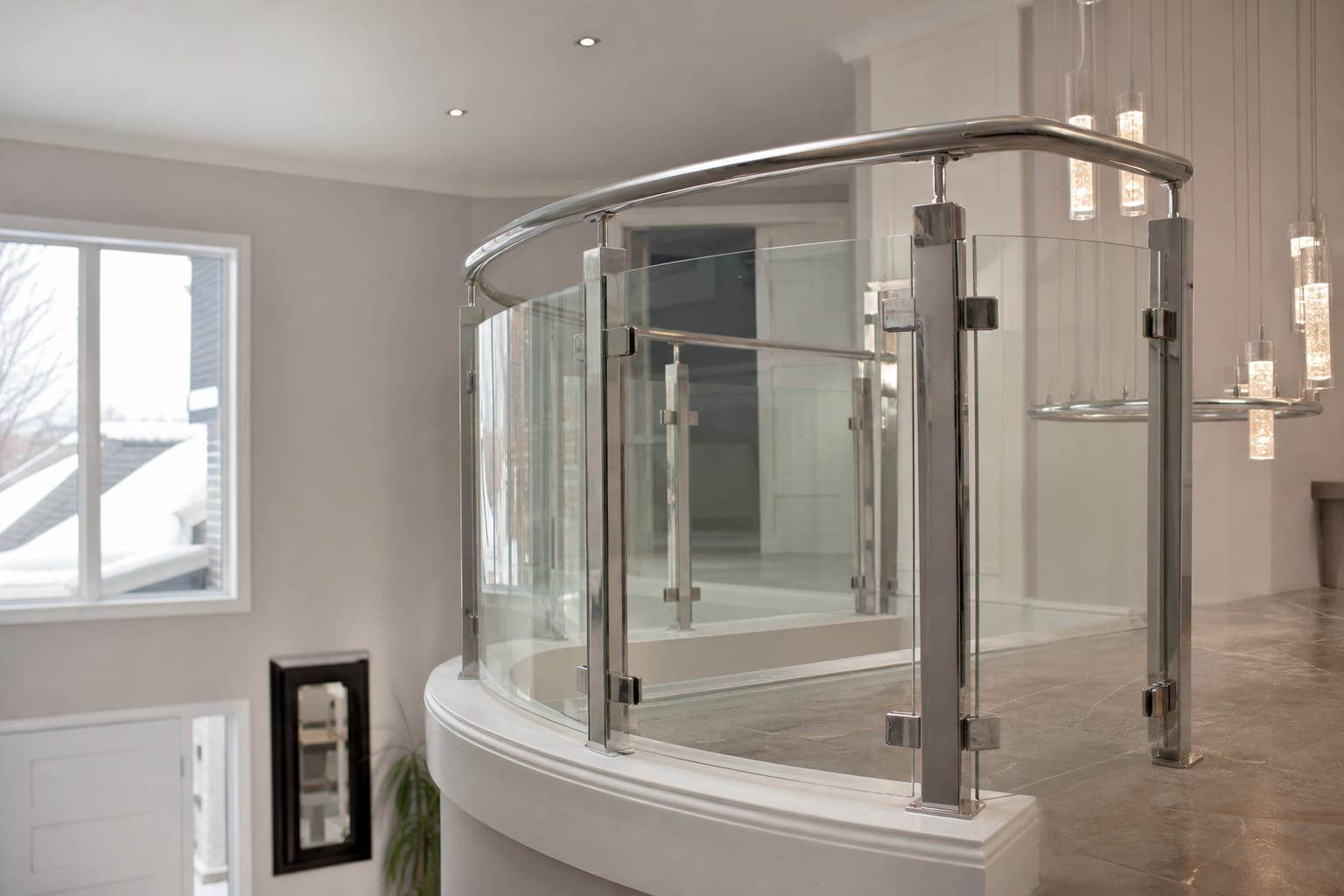 Curved glass balustrade mezzanine