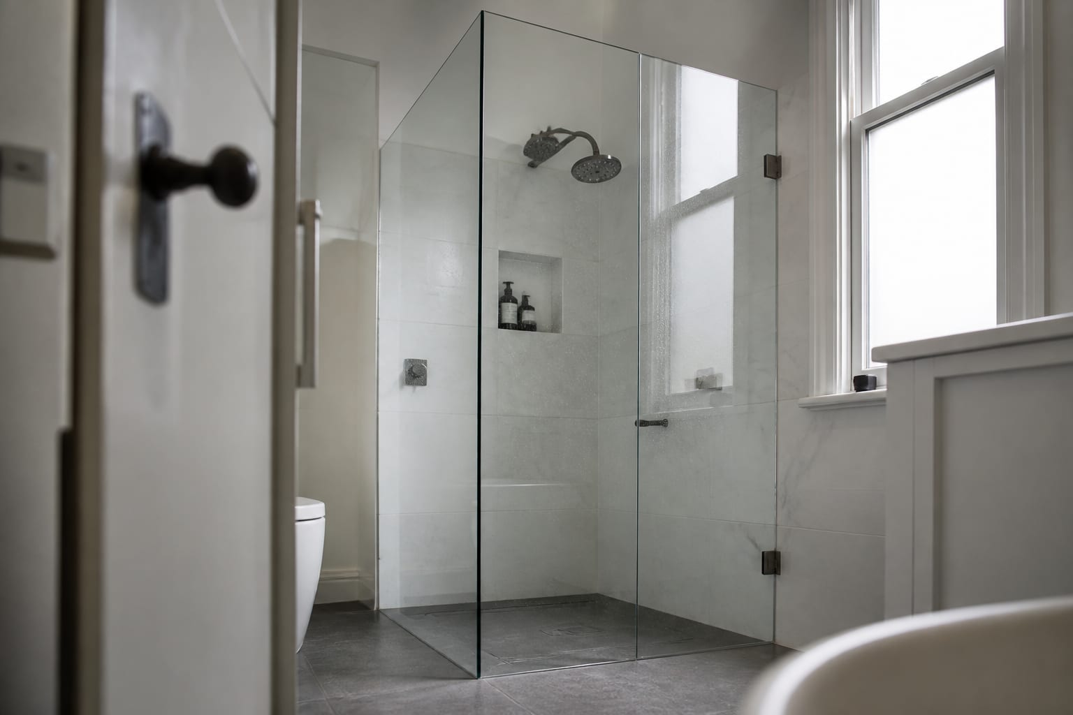 Frameless 10mm toughened shower screen in a renovated Melbourne period bathroom